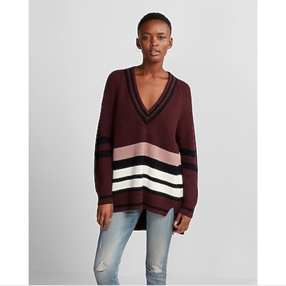 Express Deep V Neck Oversized Tunic Sweater - Picture 1 of 6